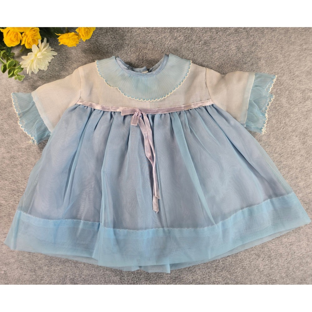 Vintage 80s Baby Blue Sheer Organza Dress Scalloped Ruffle Collar Ribbon 6-12m